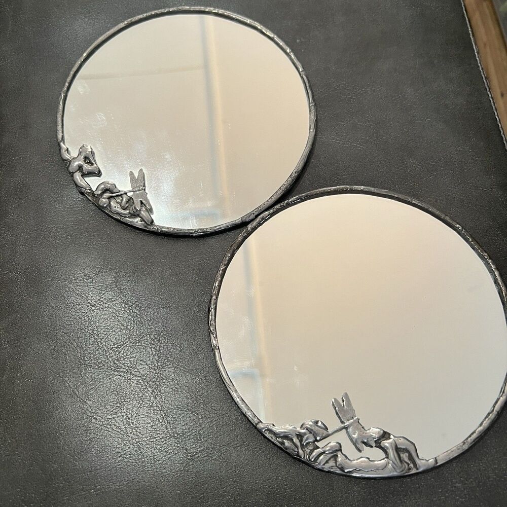 Art Nouveau Mirror Set dragonfly 6" round pewter Two silver